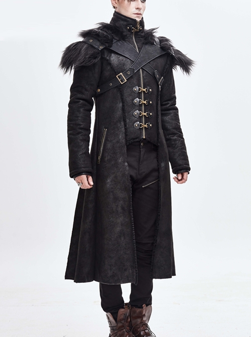 Punk Style Handsome Short Haired Single Layer Warm Front Chest Ring Detachable Black Fur Shawl Long Coat