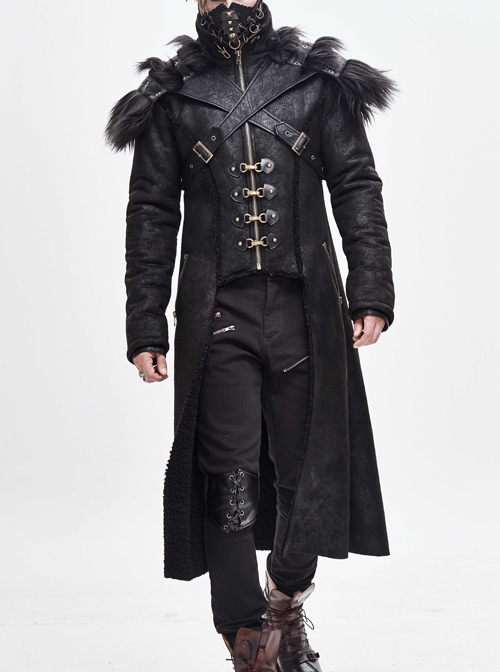 Punk Style Handsome Short Haired Single Layer Warm Front Chest Ring Detachable Black Fur Shawl Long Coat