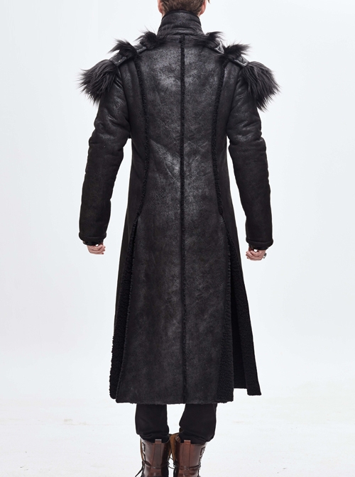 Punk Style Handsome Short Haired Single Layer Warm Front Chest Ring Detachable Black Fur Shawl Long Coat