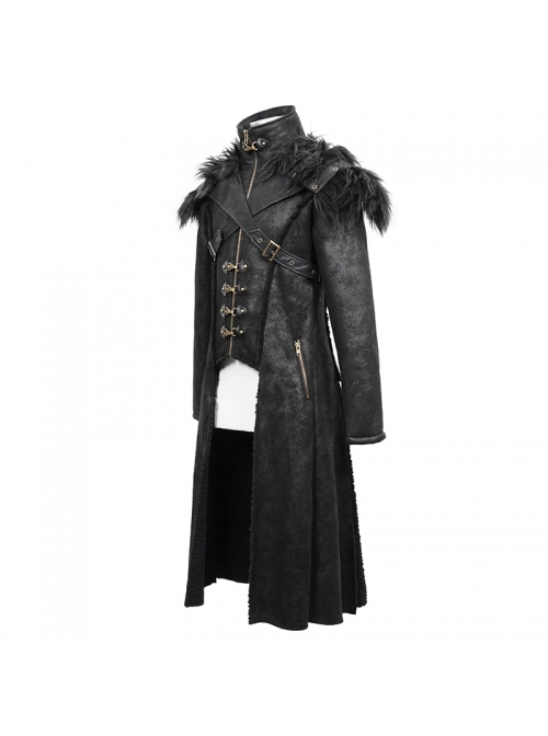 Punk Style Handsome Short Haired Single Layer Warm Front Chest Ring Detachable Black Fur Shawl Long Coat