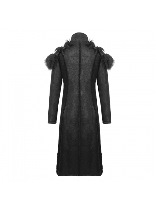 Punk Style Handsome Short Haired Single Layer Warm Front Chest Ring Detachable Black Fur Shawl Long Coat