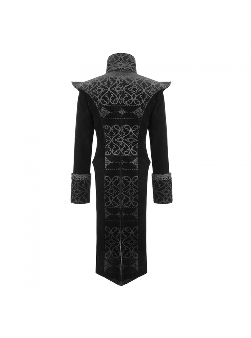 Gothic Style Exquisite Palace Print Splicing Velvet Fabric Side Slits Retro Ribbon Black Stand Collar Coat