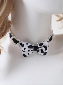 Childlike Milk Cow Pudding Black White Spots Bowknot Kawaii Cute Childlike Sweet Lolita Necklace