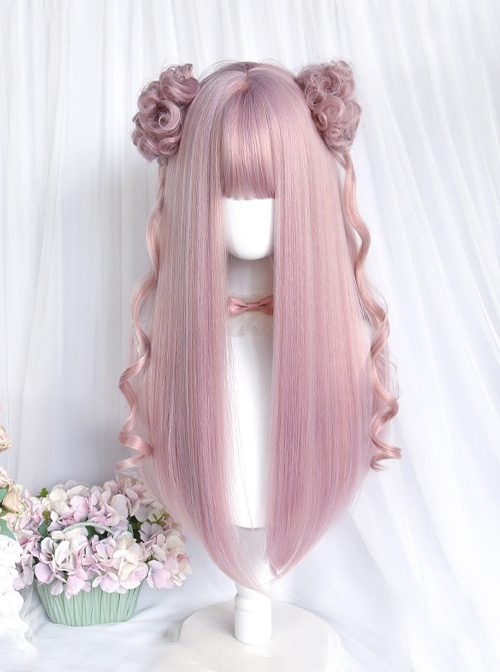 Showa Girl Series Flat Bangs Long Hair Tiger Mouth Clip Curly Flower Bud Head Sweet Lolita Wig