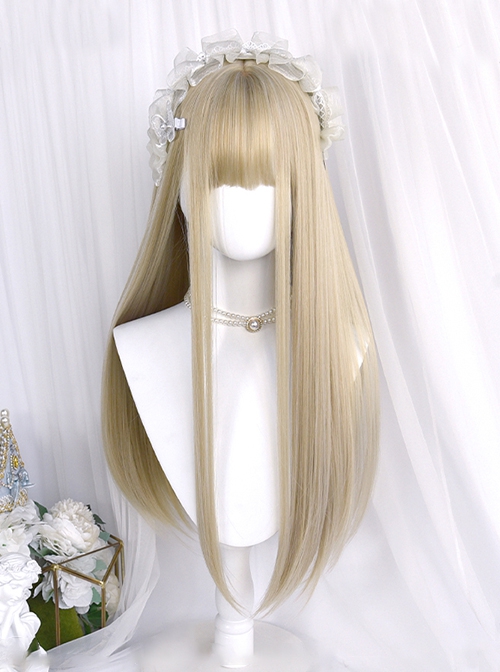 Showa Girl Series Flat Bangs Long Hair Tiger Mouth Clip Curly Flower Bud Head Sweet Lolita Wig