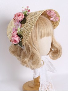 French Vintage Sweet Elegant Rose Simulated Flowers Lace Flower Classic Lolita Straw Bonnet Hat
