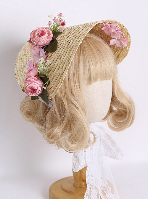 French Vintage Sweet Elegant Rose Simulated Flowers Lace Flower Classic Lolita Straw Bonnet Hat