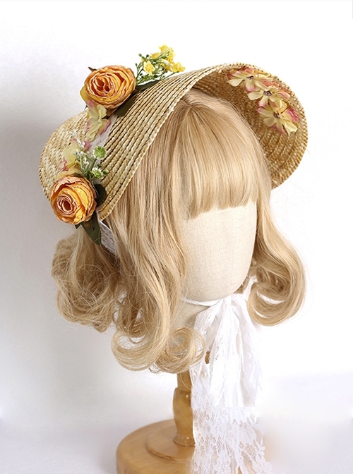 French Vintage Sweet Elegant Rose Simulated Flowers Lace Flower Classic Lolita Straw Bonnet Hat