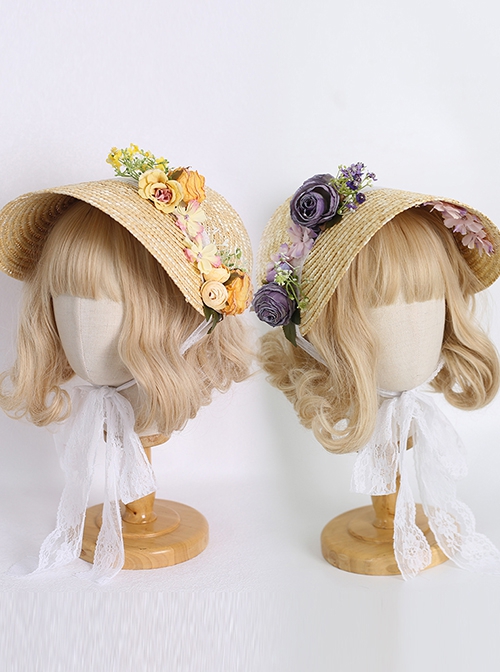 French Vintage Sweet Elegant Rose Simulated Flowers Lace Flower Classic Lolita Straw Bonnet Hat