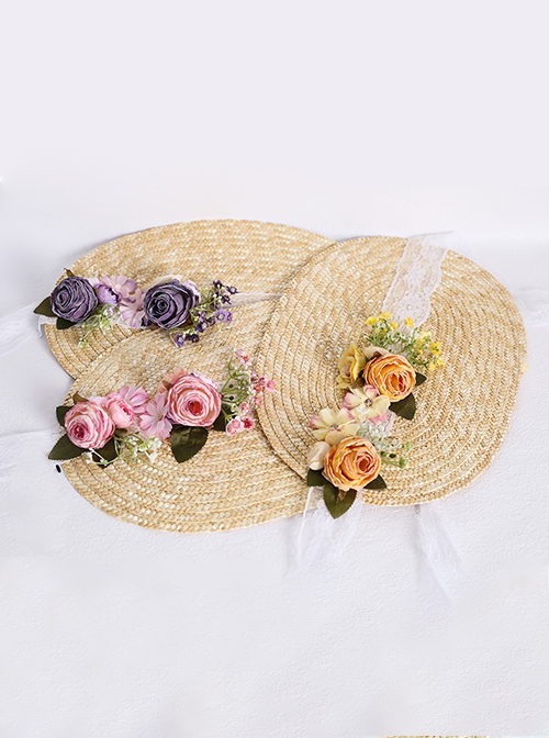 French Vintage Sweet Elegant Rose Simulated Flowers Lace Flower Classic Lolita Straw Bonnet Hat