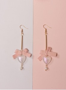 Pink Girly Versatile Daily Ribbon Bowknot Heart Shaped Pearl Pendant Sweet Lolita Earrings