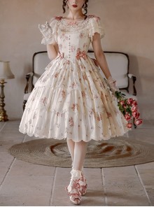 Romanticism Series Edward Collar Retro Court Lady Doll Pink Floral Soft Cotton Lace Bowknot Sweet Lolita Dress