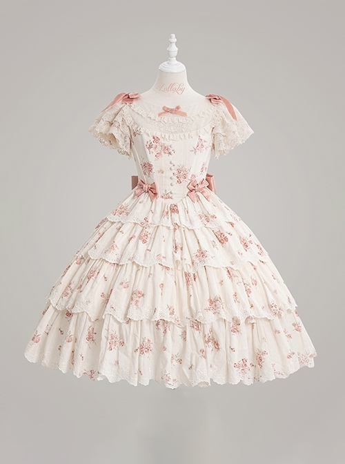 Romanticism Series Edward Collar Retro Court Lady Doll Pink Floral Soft Cotton Lace Bowknot Sweet Lolita Dress