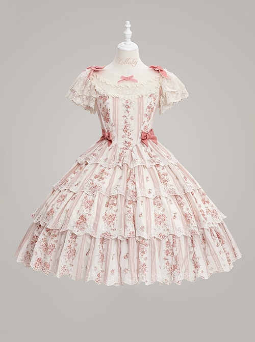 Romanticism Series Edward Collar Retro Court Lady Doll Pink Floral Soft Cotton Lace Bowknot Sweet Lolita Dress