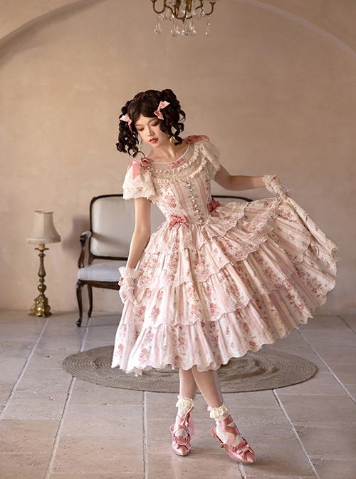 Romanticism Series Edward Collar Retro Court Lady Doll Pink Floral Soft Cotton Lace Bowknot Sweet Lolita Dress