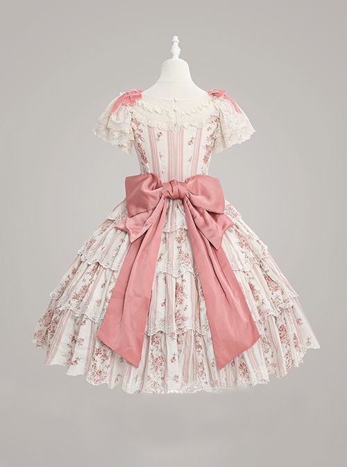 Romanticism Series Edward Collar Retro Court Lady Doll Pink Floral Soft Cotton Lace Bowknot Sweet Lolita Dress