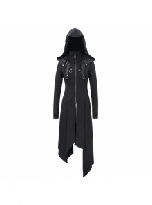 Punk Style Irregular Slim Fit Knitted Fleece Black Hooded Pleated Long Coat