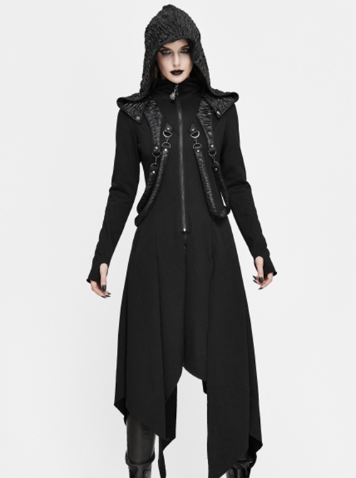 Punk Style Irregular Slim Fit Knitted Fleece Black Hooded Pleated Long Coat