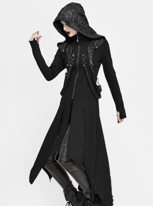 Punk Style Irregular Slim Fit Knitted Fleece Black Hooded Pleated Long Coat