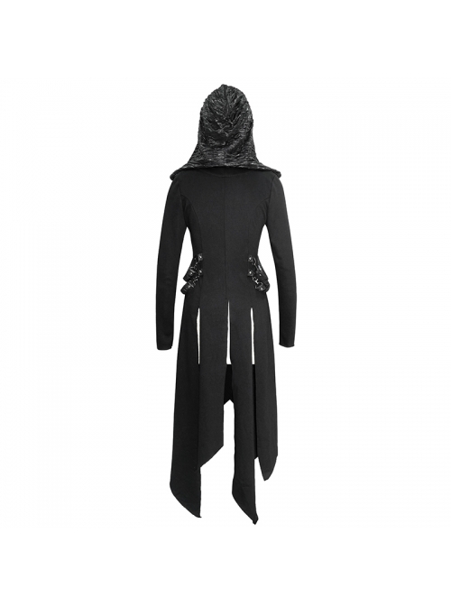 Punk Style Irregular Slim Fit Knitted Fleece Black Hooded Pleated Long Coat