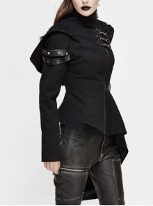 Punk Style Asymmetric Twill Hem Stitching Leather Metal Eyelet Decoration Black Hooded High Collar Coat