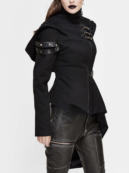 Punk Style Asymmetric Twill Hem Stitching Leather Metal Eyelet Decoration Black Hooded High Collar Coat