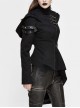 Punk Style Asymmetric Twill Hem Stitching Leather Metal Eyelet Decoration Black Hooded High Collar Coat