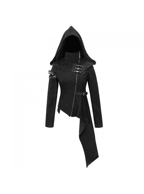 Punk Style Asymmetric Twill Hem Stitching Leather Metal Eyelet Decoration Black Hooded High Collar Coat