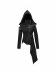 Punk Style Asymmetric Twill Hem Stitching Leather Metal Eyelet Decoration Black Hooded High Collar Coat