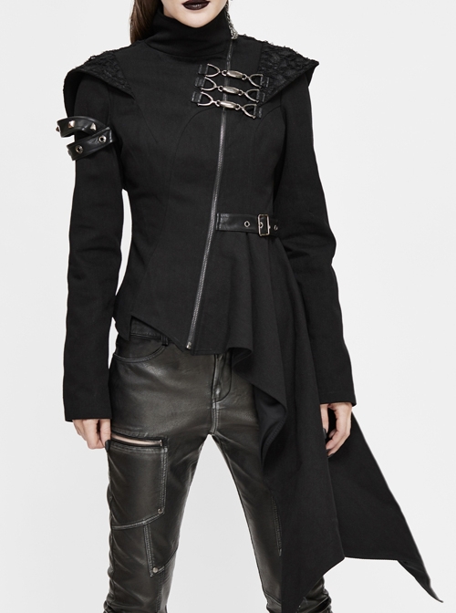 Punk Style Asymmetric Twill Hem Stitching Leather Metal Eyelet Decoration Black Hooded High Collar Coat