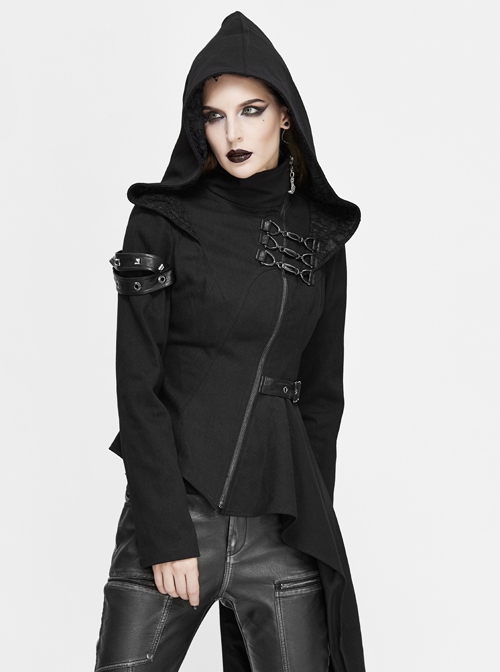 Punk Style Asymmetric Twill Hem Stitching Leather Metal Eyelet Decoration Black Hooded High Collar Coat