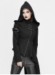 Punk Style Asymmetric Twill Hem Stitching Leather Metal Eyelet Decoration Black Hooded High Collar Coat