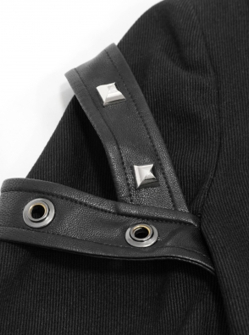 Punk Style Asymmetric Twill Hem Stitching Leather Metal Eyelet Decoration Black Hooded High Collar Coat