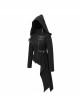 Punk Style Asymmetric Twill Hem Stitching Leather Metal Eyelet Decoration Black Hooded High Collar Coat