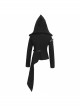 Punk Style Asymmetric Twill Hem Stitching Leather Metal Eyelet Decoration Black Hooded High Collar Coat