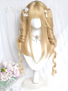 British Style Doll Sense Long Blonde Curls Golden Tiger Mouth Clip Roman Roll Double Ponytail Sweet Lolita Wig