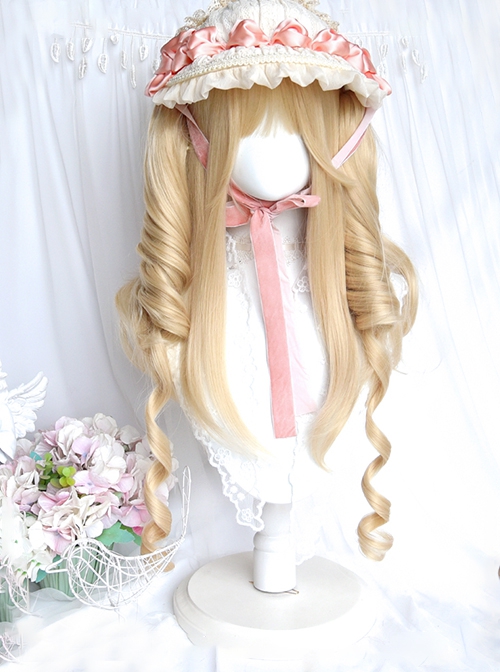 British Style Doll Sense Long Blonde Curls Golden Tiger Mouth Clip Roman Roll Double Ponytail Sweet Lolita Wig