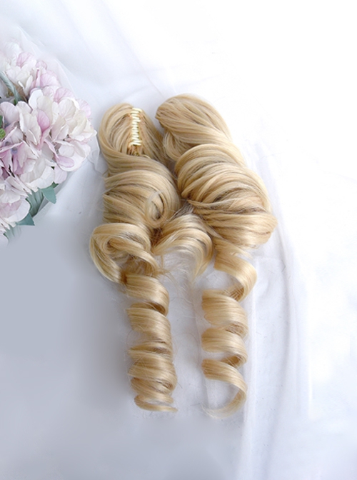 British Style Doll Sense Long Blonde Curls Golden Tiger Mouth Clip Roman Roll Double Ponytail Sweet Lolita Wig