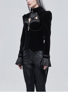 Gothic Style Exquisite Applique Hollow With Bat Wing Spiked Hem Black Vintage Long Sleeve Jacket