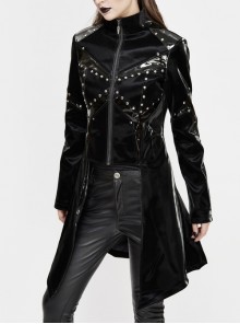 Punk Style Handsome Leather Front Center Metal Rivet Ruffled Hem Black Stand Collar Coat