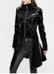 Punk Style Handsome Leather Front Center Metal Rivet Ruffled Hem Black Stand Collar Coat