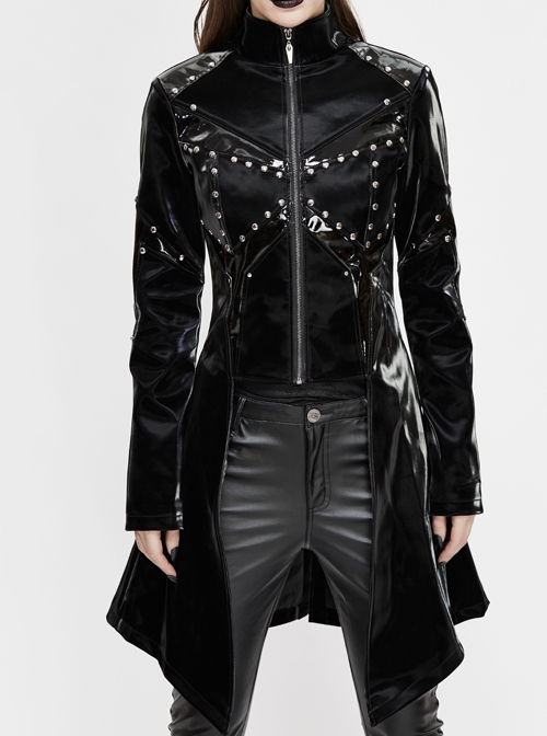 Punk Style Handsome Leather Front Center Metal Rivet Ruffled Hem Black Stand Collar Coat