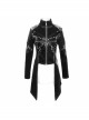 Punk Style Handsome Leather Front Center Metal Rivet Ruffled Hem Black Stand Collar Coat