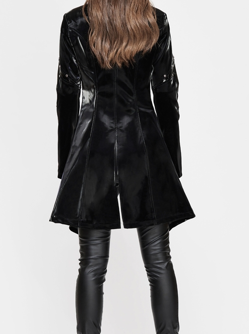 Punk Style Handsome Leather Front Center Metal Rivet Ruffled Hem Black Stand Collar Coat