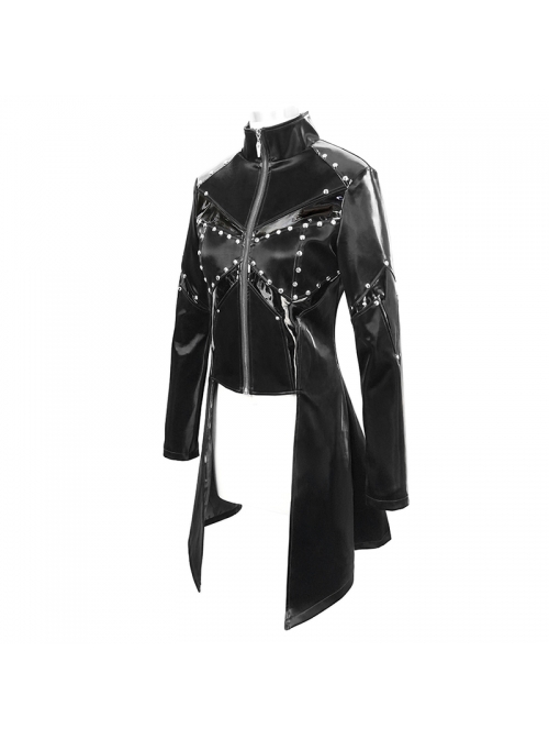 Punk Style Handsome Leather Front Center Metal Rivet Ruffled Hem Black Stand Collar Coat