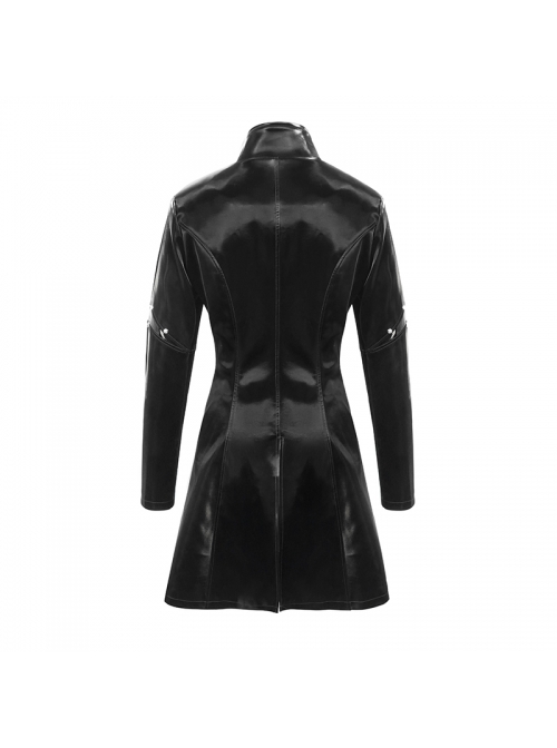 Punk Style Handsome Leather Front Center Metal Rivet Ruffled Hem Black Stand Collar Coat