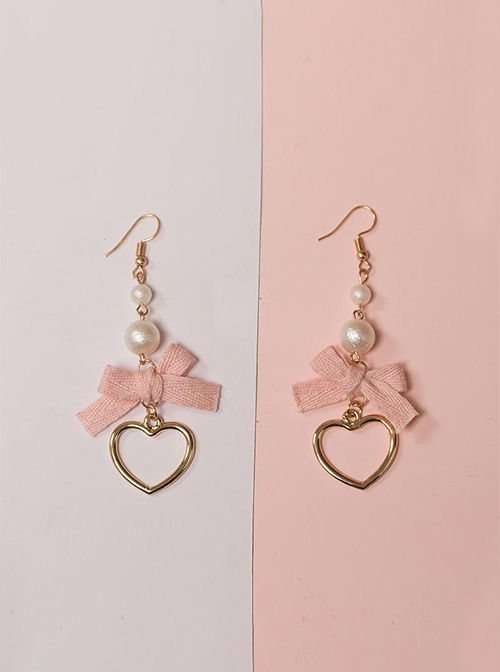 Versatile Daily Cute Satin Ribbon Bowknot Heart Shaped Alloy Pearl Pendant Sweet Lolita Earrings