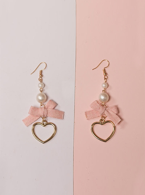 Versatile Daily Cute Satin Ribbon Bowknot Heart Shaped Alloy Pearl Pendant Sweet Lolita Earrings