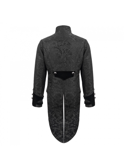 Gothic Style Ruffled Stand Collar Jacquard Fabric Center Front Leather Embroidery Black Swallowtail Coat
