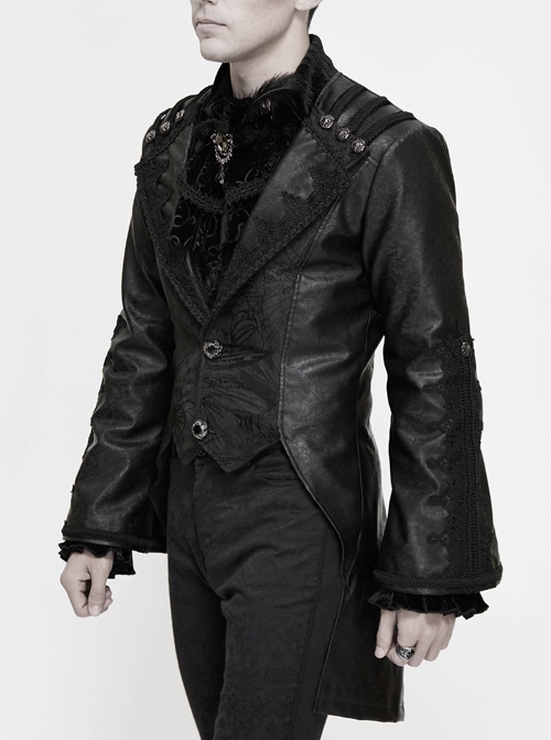 Gothic Retro Lapel Leather Stitching Jacquard Metal Pattern Buckle Black Lace Wide Sleeve Coat